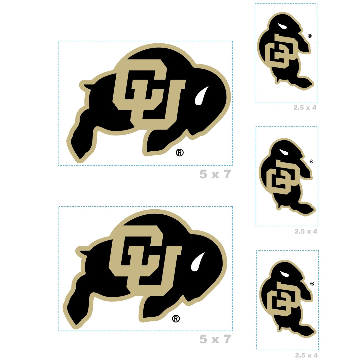U of Colorado - 5 Logo Minis (Mixed Sizes) - Official NCAA - Colorado Buffaloes - Reusable Vinyl Decals