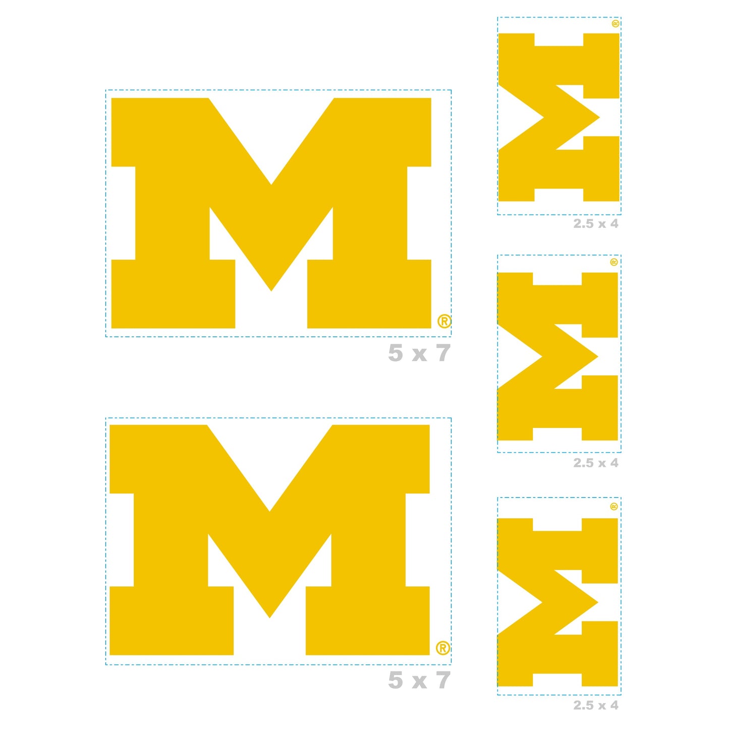 U of Michigan - 5 Logo Minis (Mixed Sizes) - Official NCAA - Michigan Wolverines - Reusable Vinyl Decals