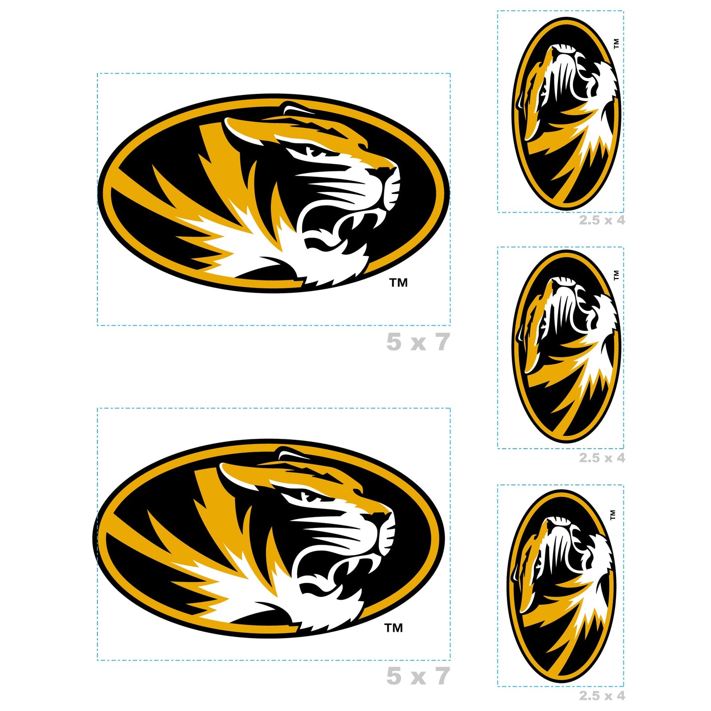 U of Missouri - 5 Logo Minis (Mixed Sizes) - Official NCAA - Missouri Tigers - Reusable Vinyl Decals