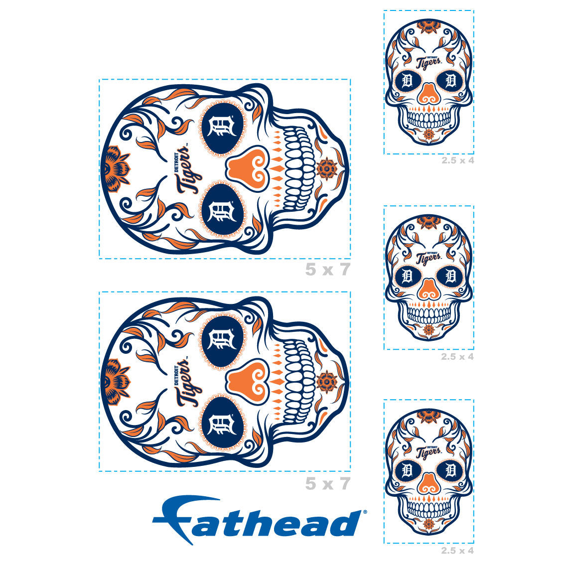 Detroit Tigers - 5 Sugar Skull Logo Minis (Mixed Sizes) - Official MLB - Reusable Vinyl Decals
