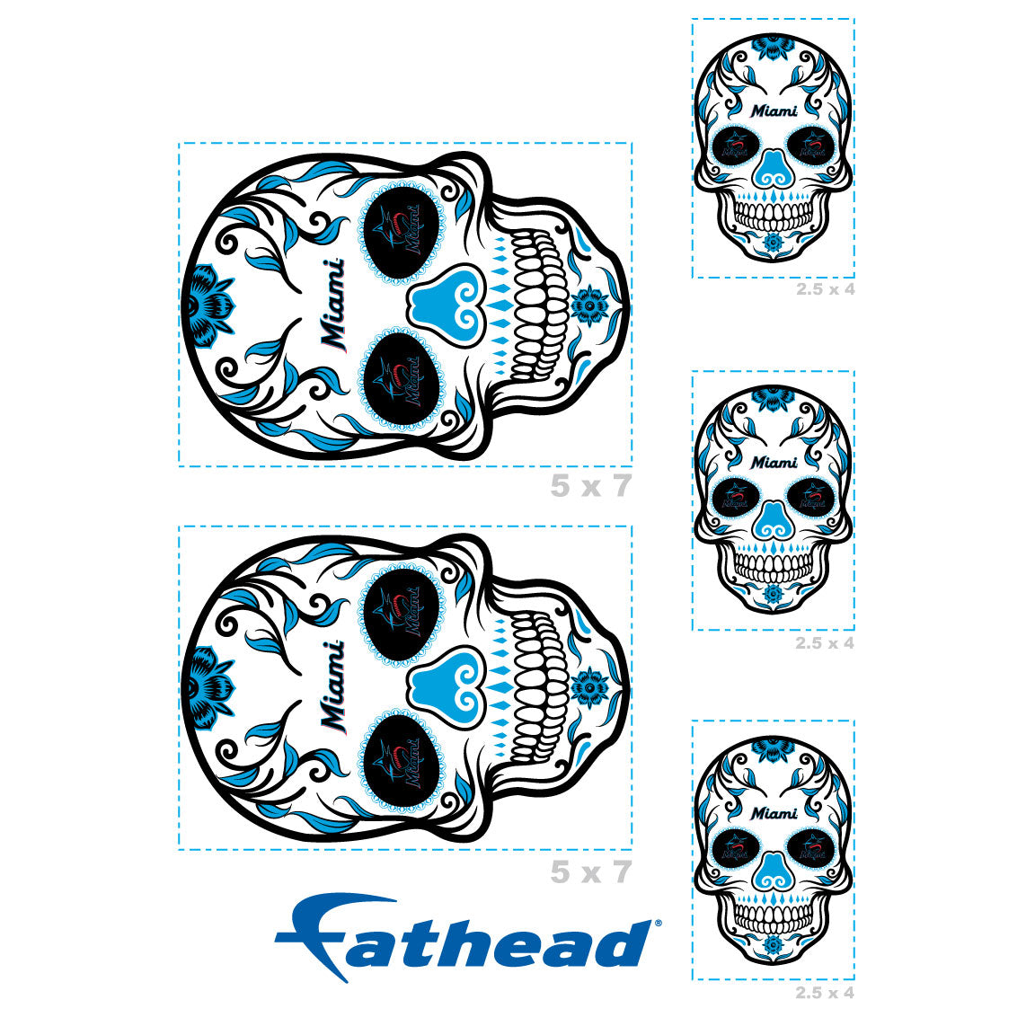 Miami Marlins - 5 Sugar Skull Logo Minis (Mixed Sizes) - Official MLB - Reusable Vinyl Decals