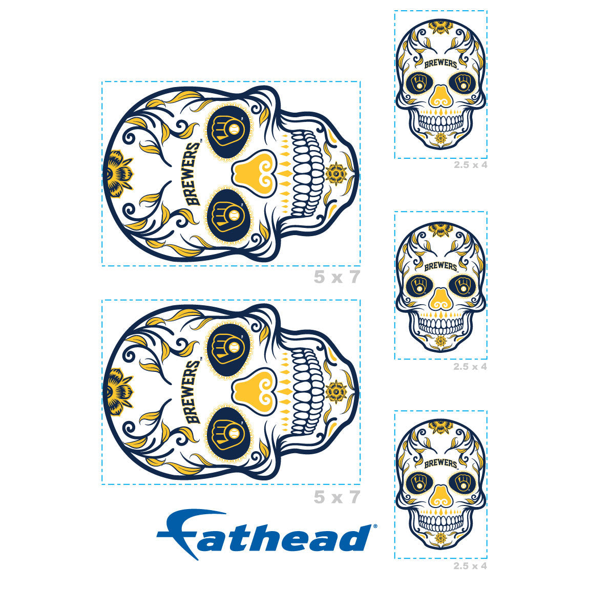Milwaukee Brewers - 5 Sugar Skull Logo Minis (Mixed Sizes) - Official MLB - Reusable Vinyl Decals