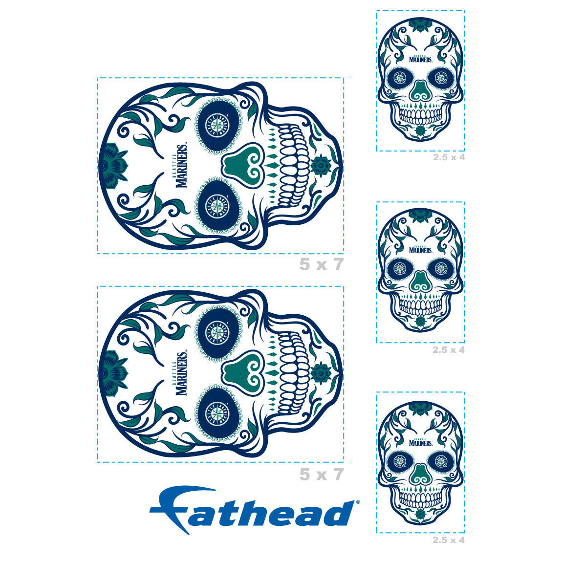 Seattle Mariners - 5 Sugar Skull Logo Minis (Mixed Sizes) - Official MLB - Reusable Vinyl Decals