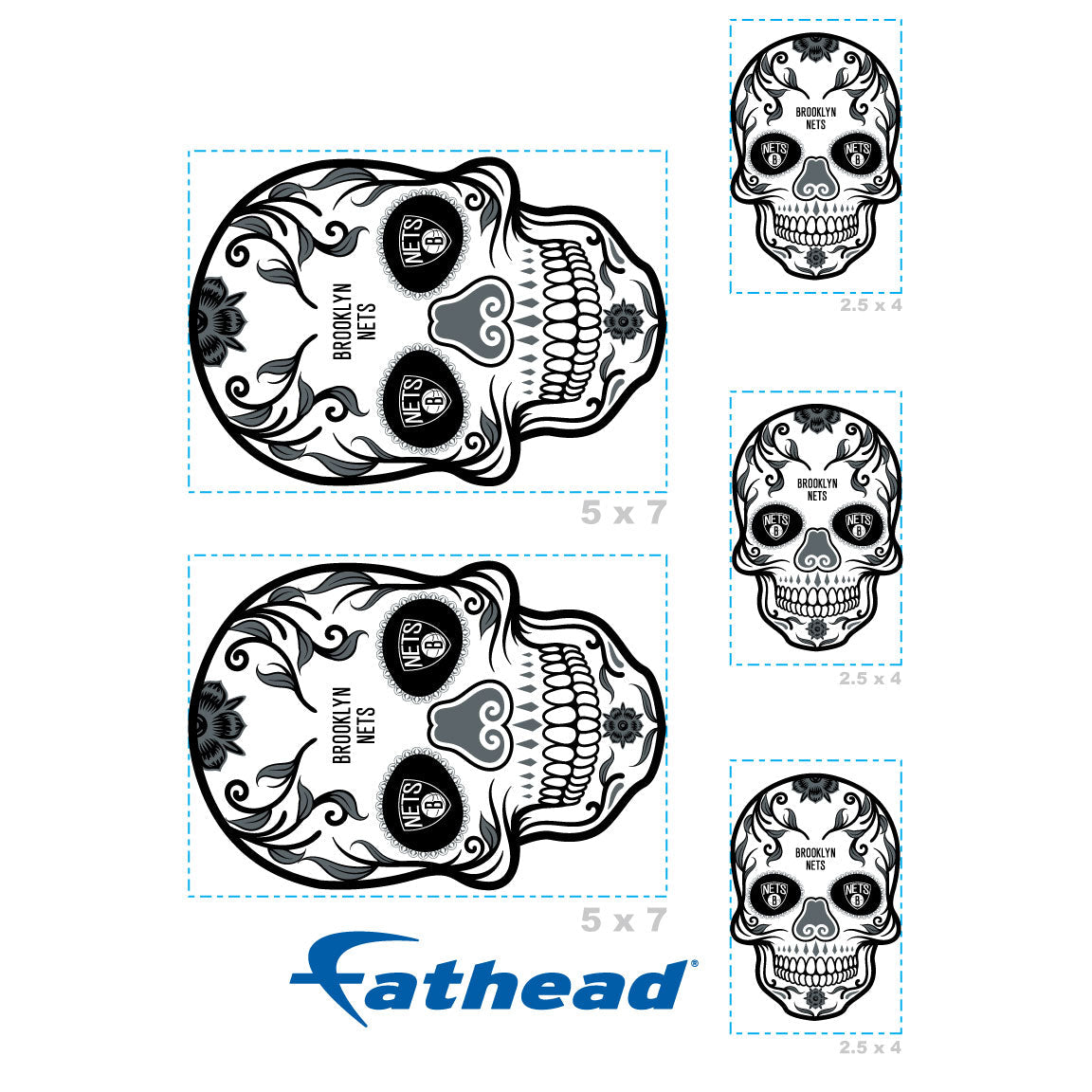 Brooklyn Nets - 5 Sugar Skull Logo Minis (Mixed Sizes) - Official NBA - Reusable Vinyl Decals