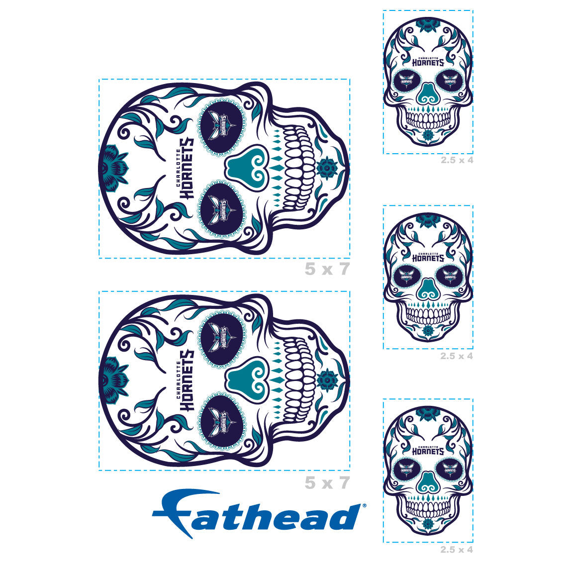 Charlotte Hornets - 5 Sugar Skull Logo Minis (Mixed Sizes) - Official NBA - Reusable Vinyl Decals