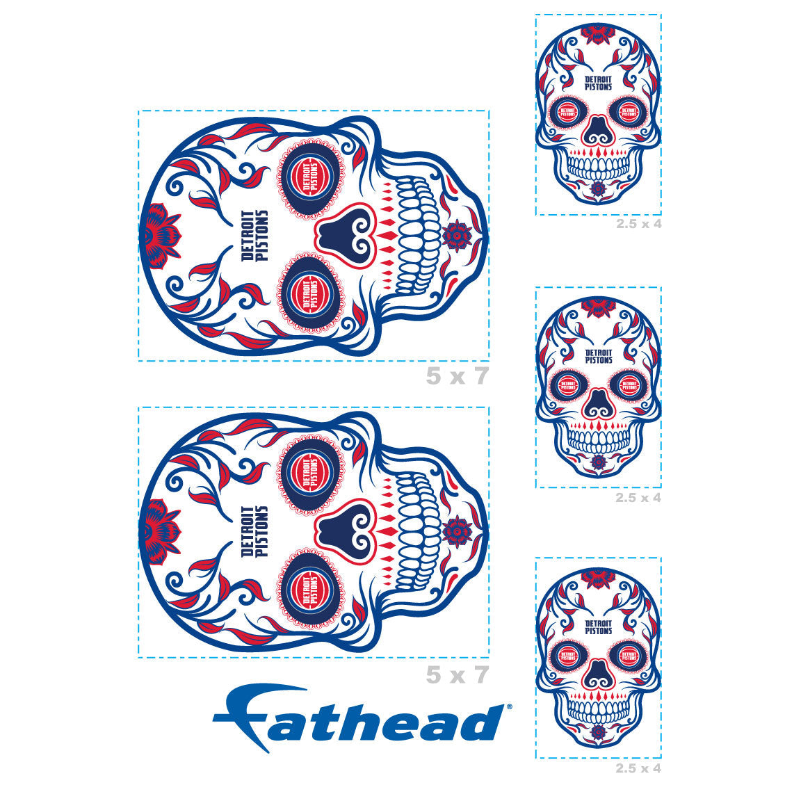Detroit Pistons - 5 Sugar Skull Logo Minis (Mixed Sizes) - Official NBA - Reusable Vinyl Decals