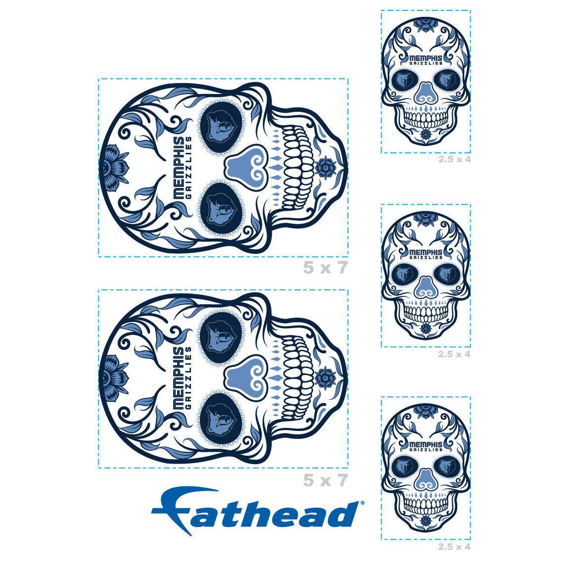 Memphis Grizzlies - 5 Sugar Skull Logo Minis (Mixed Sizes) - Official NBA - Reusable Vinyl Decals