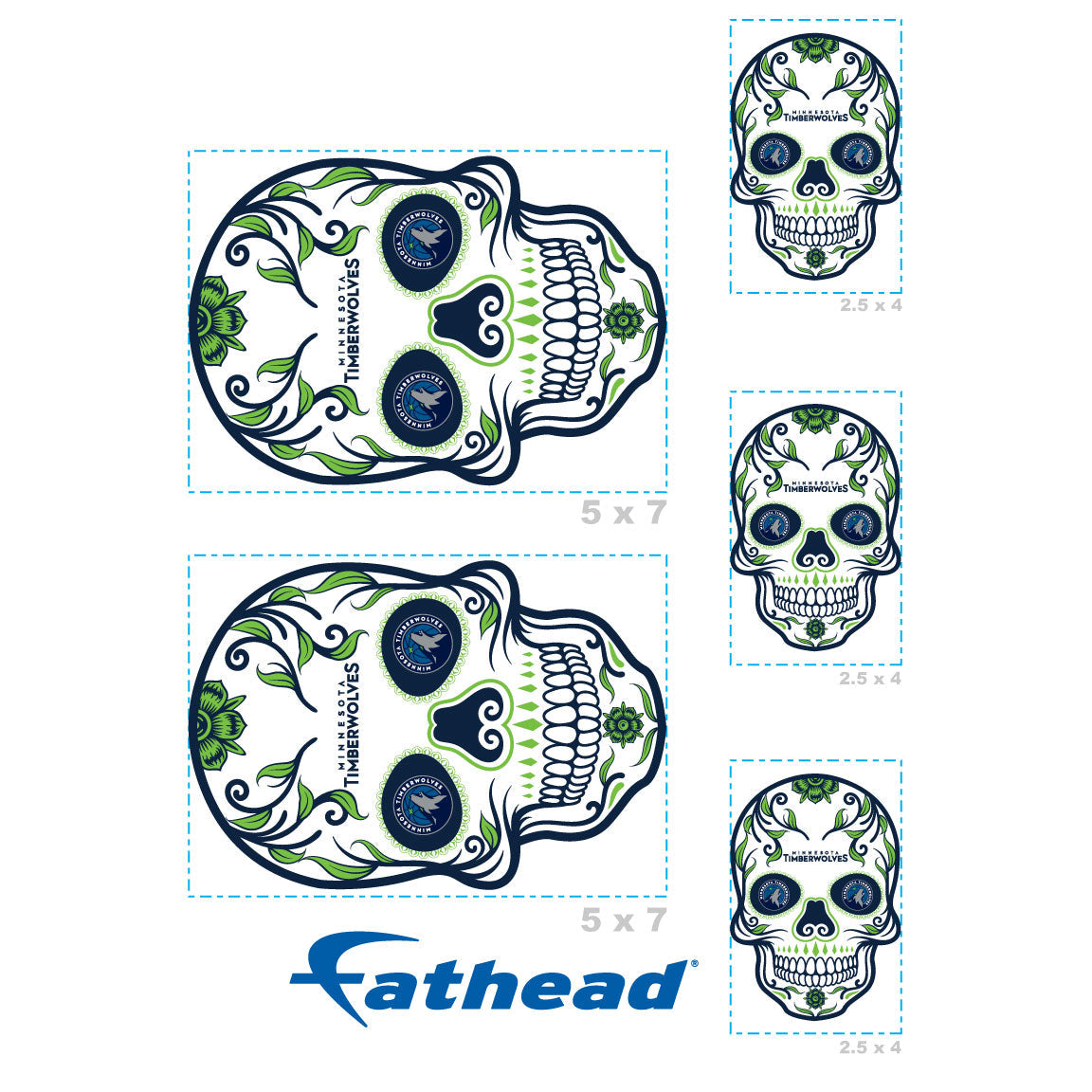 Minnesota Timberwolves - 5 Sugar Skull Logo Minis (Mixed Sizes) - Official NBA - Reusable Vinyl Decals