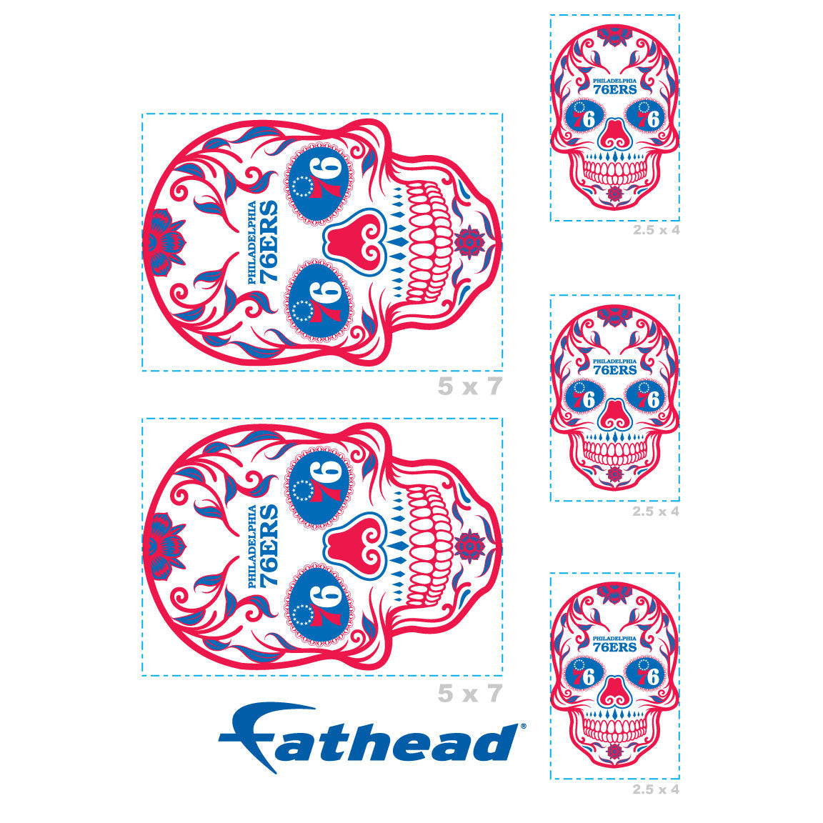Philadelphia 76ers - 5 Sugar Skull Logo Minis (Mixed Sizes) - Official NBA - Reusable Vinyl Decals