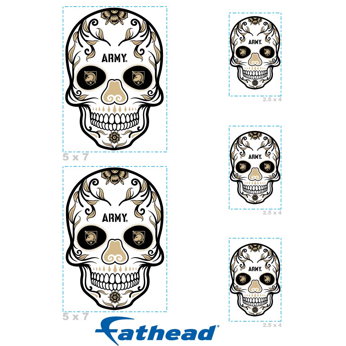 Army Black Knights - 5 Sugar Skull Logo Minis (Mixed Sizes) - Official NCAA - Reusable Vinyl Decals