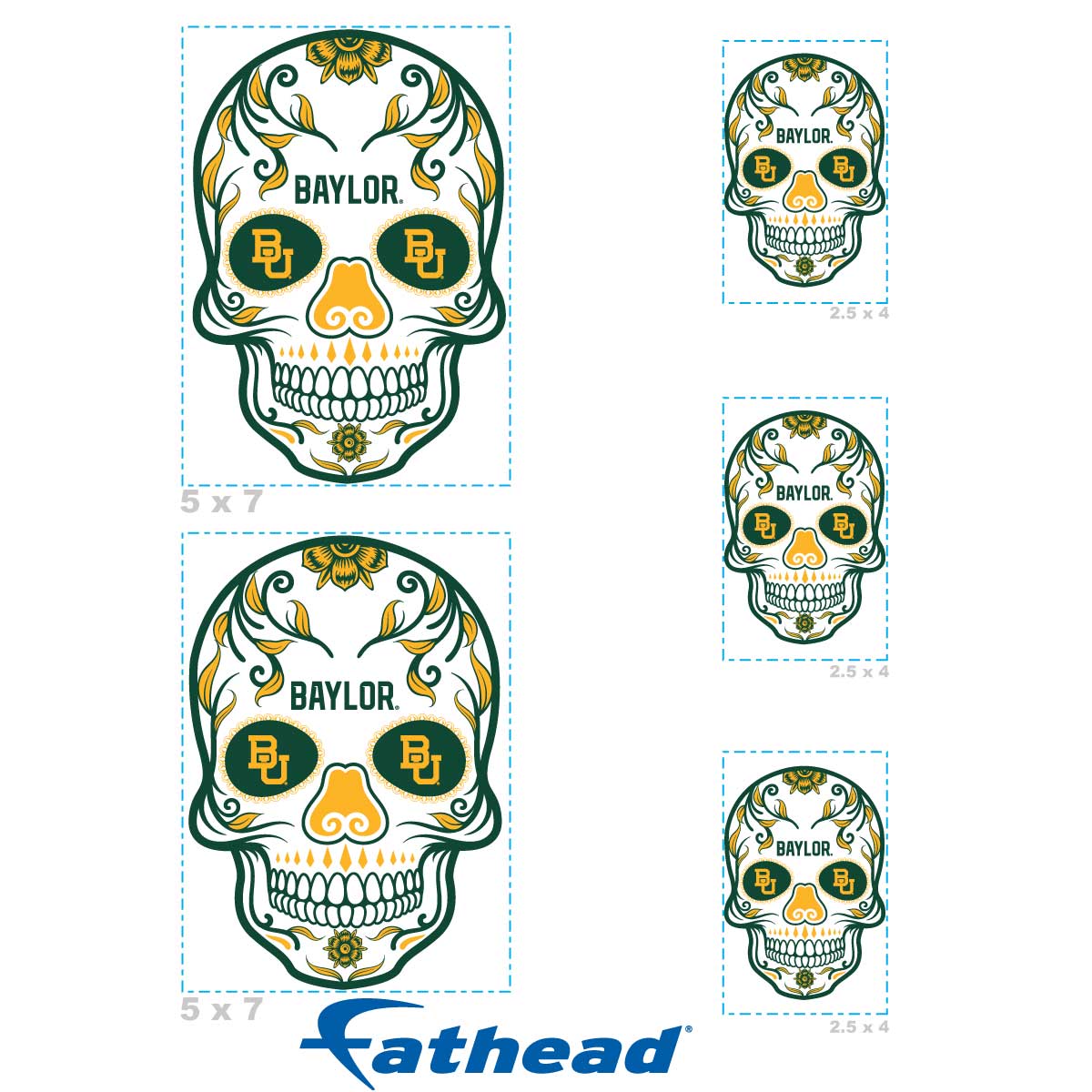 Baylor Bears - 5 Sugar Skull Logo Minis (Mixed Sizes) - Official NCAA - Reusable Vinyl Decals