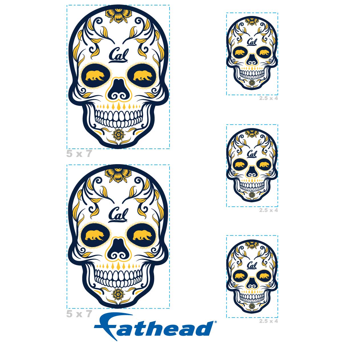 California Golden Bears - 5 Sugar Skull Logo Minis (Mixed Sizes) - Official NCAA - Reusable Vinyl Decals
