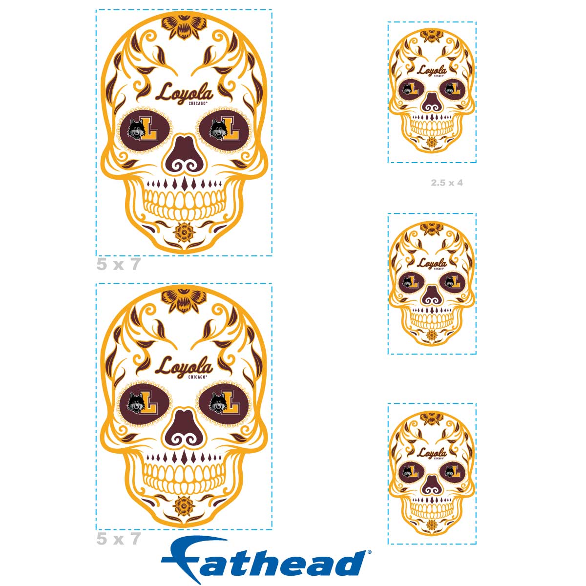 Loyola Chicago Ramblers - 5 Sugar Skull Logo Minis (Mixed Sizes) - Official NCAA - Reusable Vinyl Decals