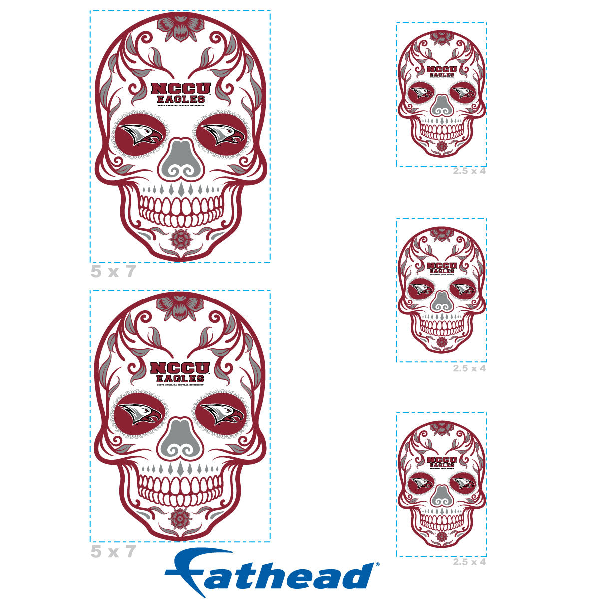 North Carolina Central Eagles - 5 Sugar Skull Logo Minis (Mixed Sizes) - Official NCAA - Reusable Vinyl Decals