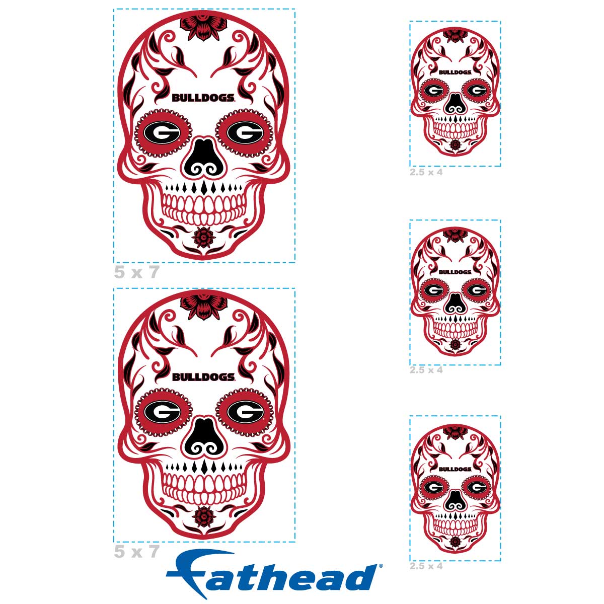 Georgia Bulldogs - 5 Sugar Skull Logo Minis (Mixed Sizes) - Official NCAA - Reusable Vinyl Decals