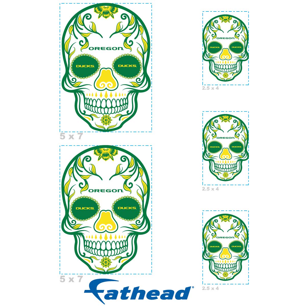 Oregon Ducks - 5 Sugar Skull Logo Minis (Mixed Sizes) - Official NCAA - Reusable Vinyl Decals
