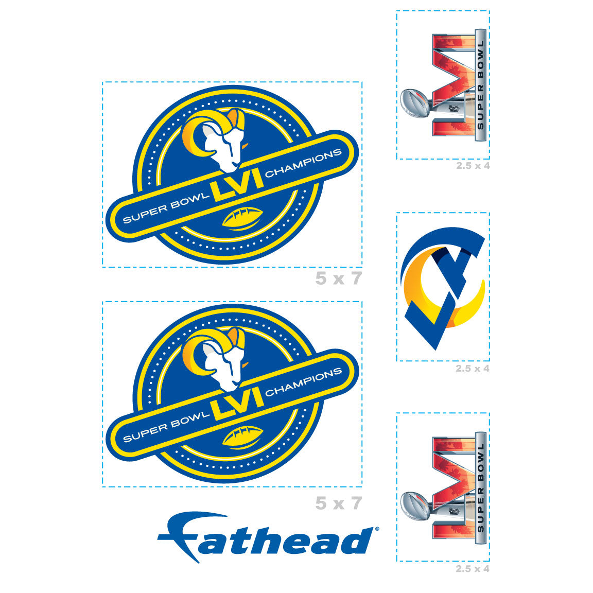 Los Angeles Rams - 5 Logo Minis (Mixed Sizes) - Official NFL - Super Bowl LVI Champions - Reusable Vinyl Decals