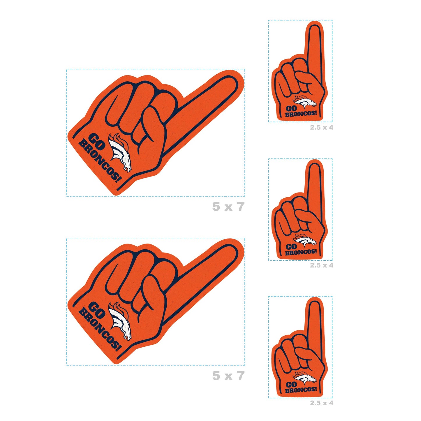 Denver Broncos - 4 Foam Finger Minis (Mixed Sizes) - Official NFL - Reusable Vinyl Decals
