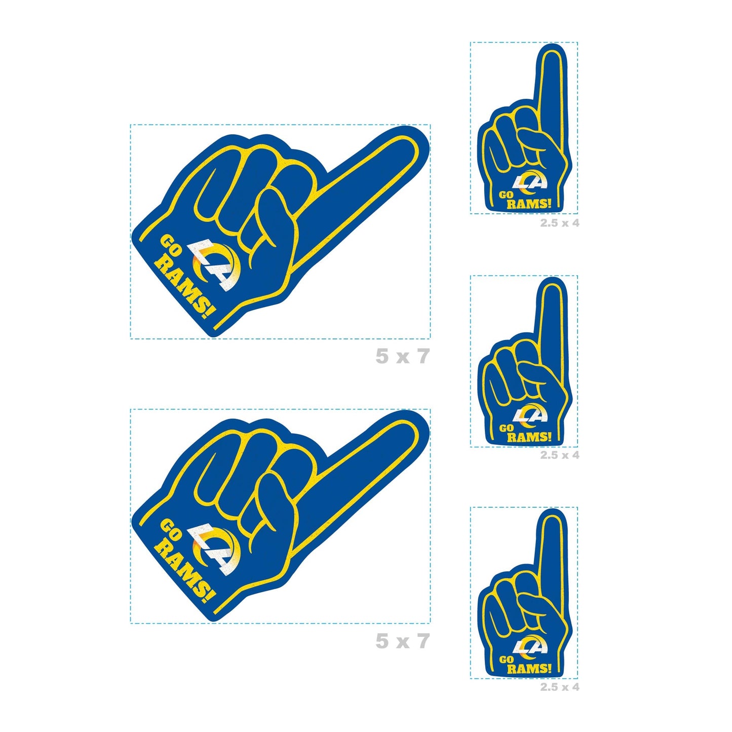 Los Angeles Rams - 4 Foam Finger Minis (Mixed Sizes) - Official NFL - Reusable Vinyl Decals
