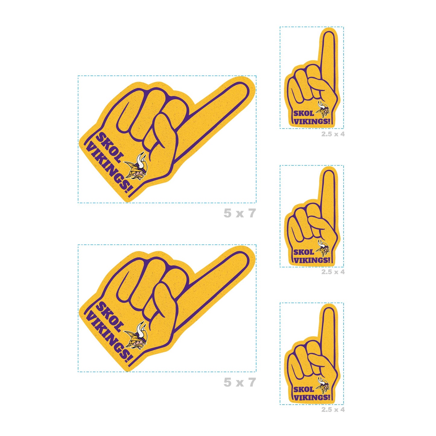 Minnesota Vikings - 4 Foam Finger Minis (Mixed Sizes) - Official NFL - Reusable Vinyl Decals