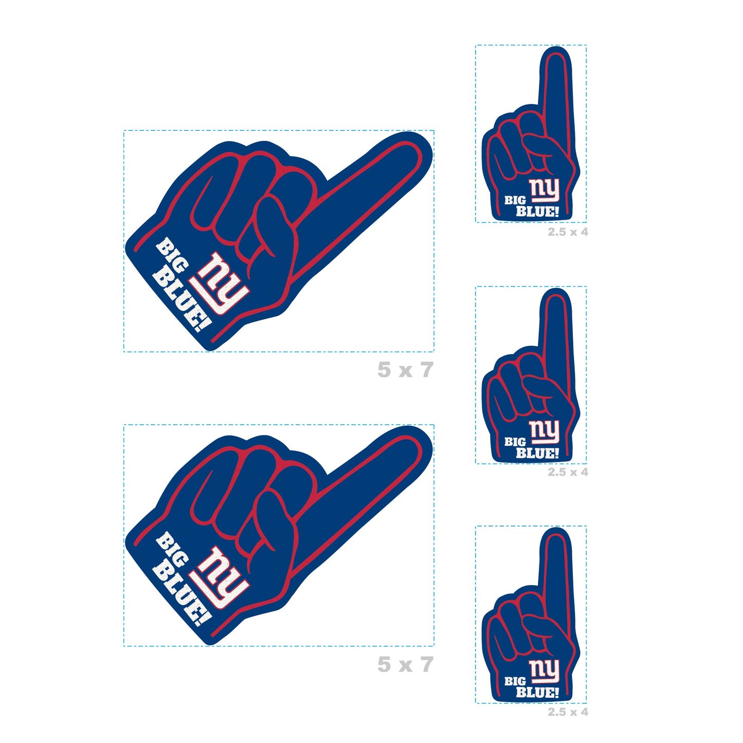 New York Giants - 4 Foam Finger Minis (Mixed Sizes) - Official NFL - Reusable Vinyl Decals