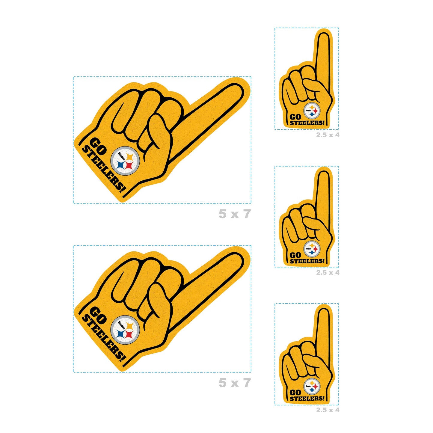 Pittsburgh Steelers - 4 Foam Finger Minis (Mixed Sizes) - Official NFL - Reusable Vinyl Decals
