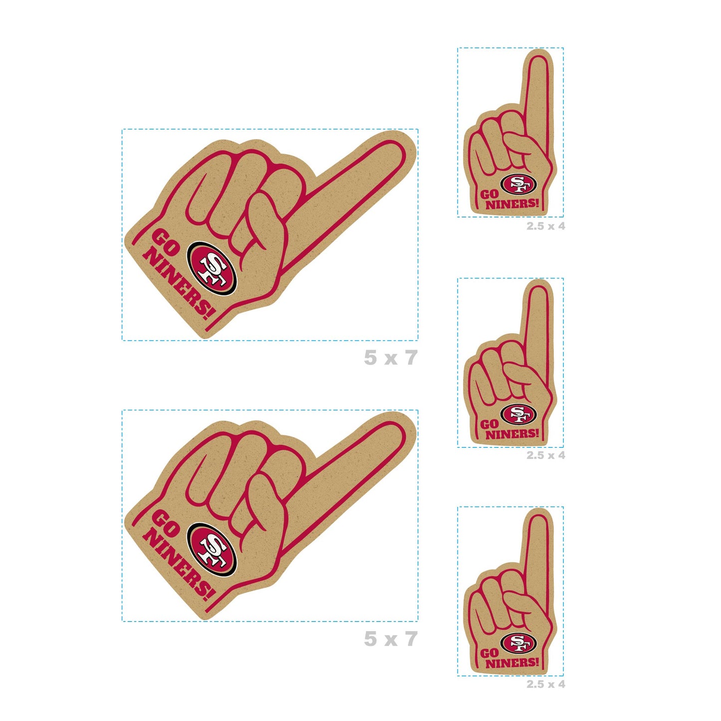 San Francisco 49ers - 4 Foam Finger Minis (Mixed Sizes) - Official NFL - Reusable Vinyl Decals