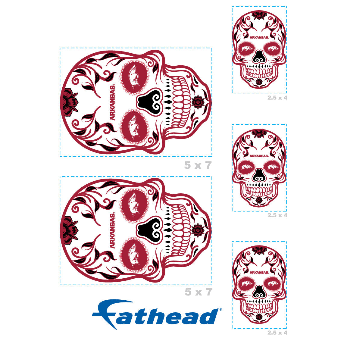 Arkansas Razorbacks - 5 Sugar Skull Logo Minis (Mixed Sizes) - Official NCAA - Reusable Vinyl Decals