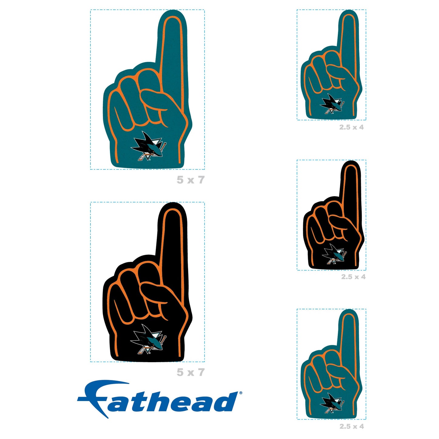 San Jose Sharks - 5 Foam Finger Minis (Mixed Sizes) - Official NHL - Reusable Vinyl Decals