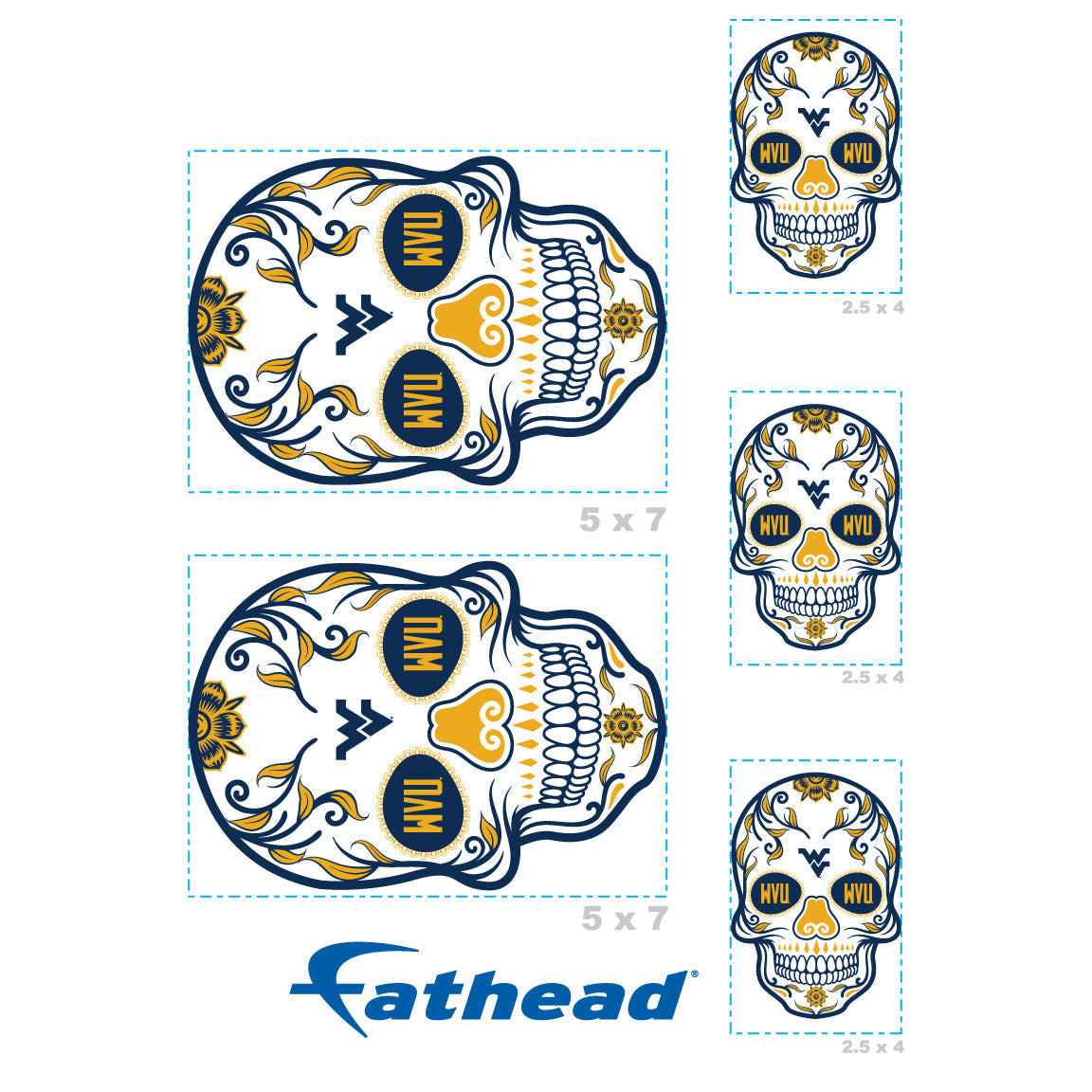 West Virginia Mountaineers - 5 Sugar Skull Logo Minis (Mixed Sizes) - Official NCAA - Reusable Vinyl Decals