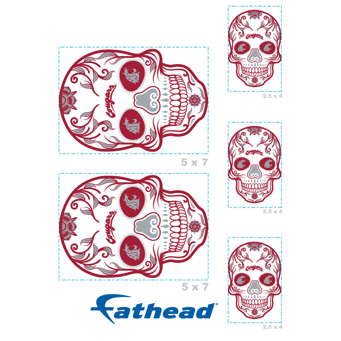 Washington State Cougars - 5 Sugar Skull Logo Minis (Mixed Sizes) - Official NCAA - Reusable Vinyl Decals