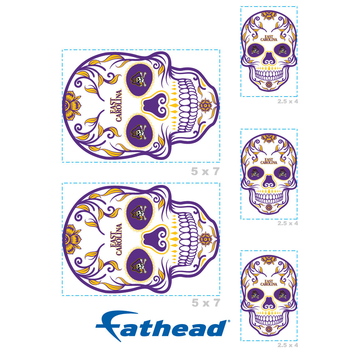 East Carolina Pirates - 5 Sugar Skull Logo Minis (Mixed Sizes) - Official NCAA - Reusable Vinyl Decals