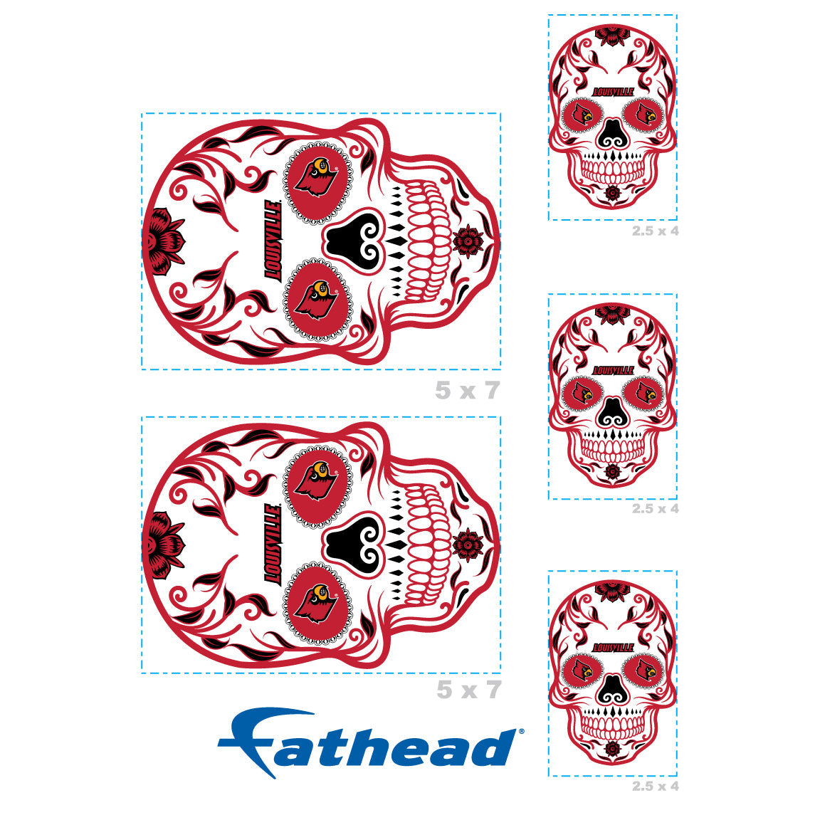 Louisville Cardinals - 5 Sugar Skull Logo Minis (Mixed Sizes) - Official NCAA - Reusable Vinyl Decals