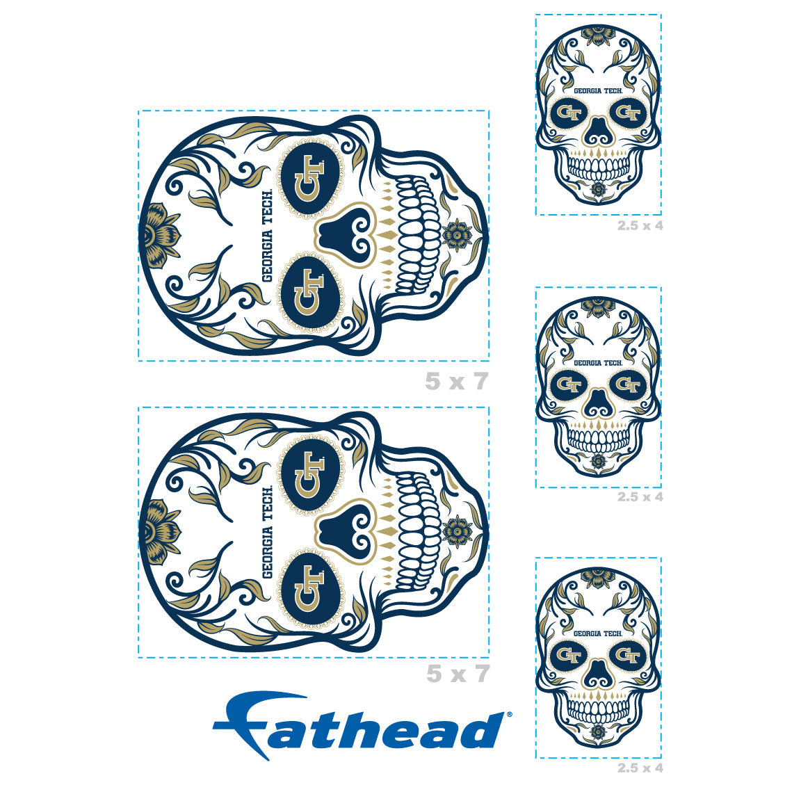 Georgia Tech Yellow Jackets - 5 Sugar Skull Logo Minis (Mixed Sizes) - Official NCAA - Reusable Vinyl Decals