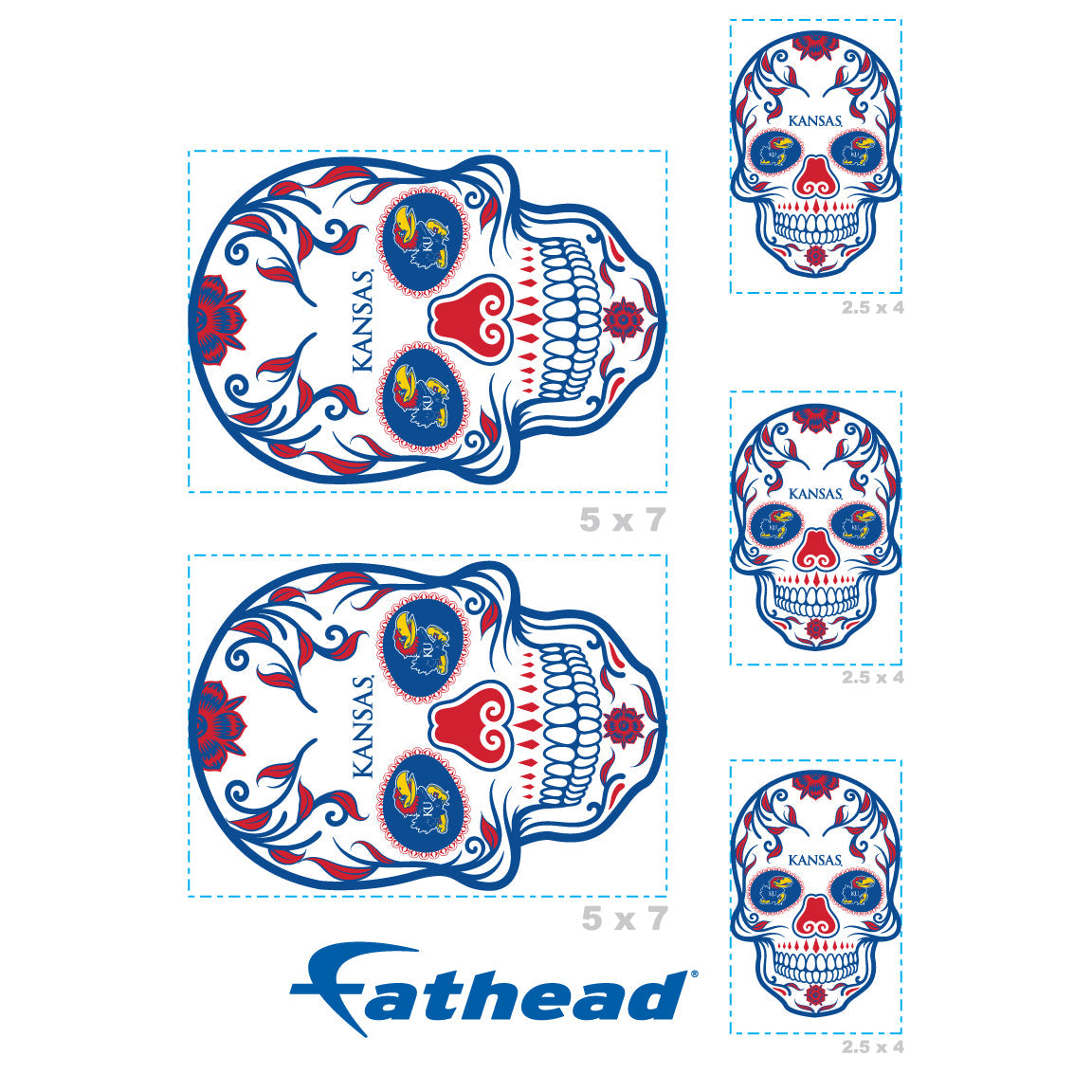 Kansas Jayhawks - 5 Sugar Skull Logo Minis (Mixed Sizes) - Official NCAA - Reusable Vinyl Decals