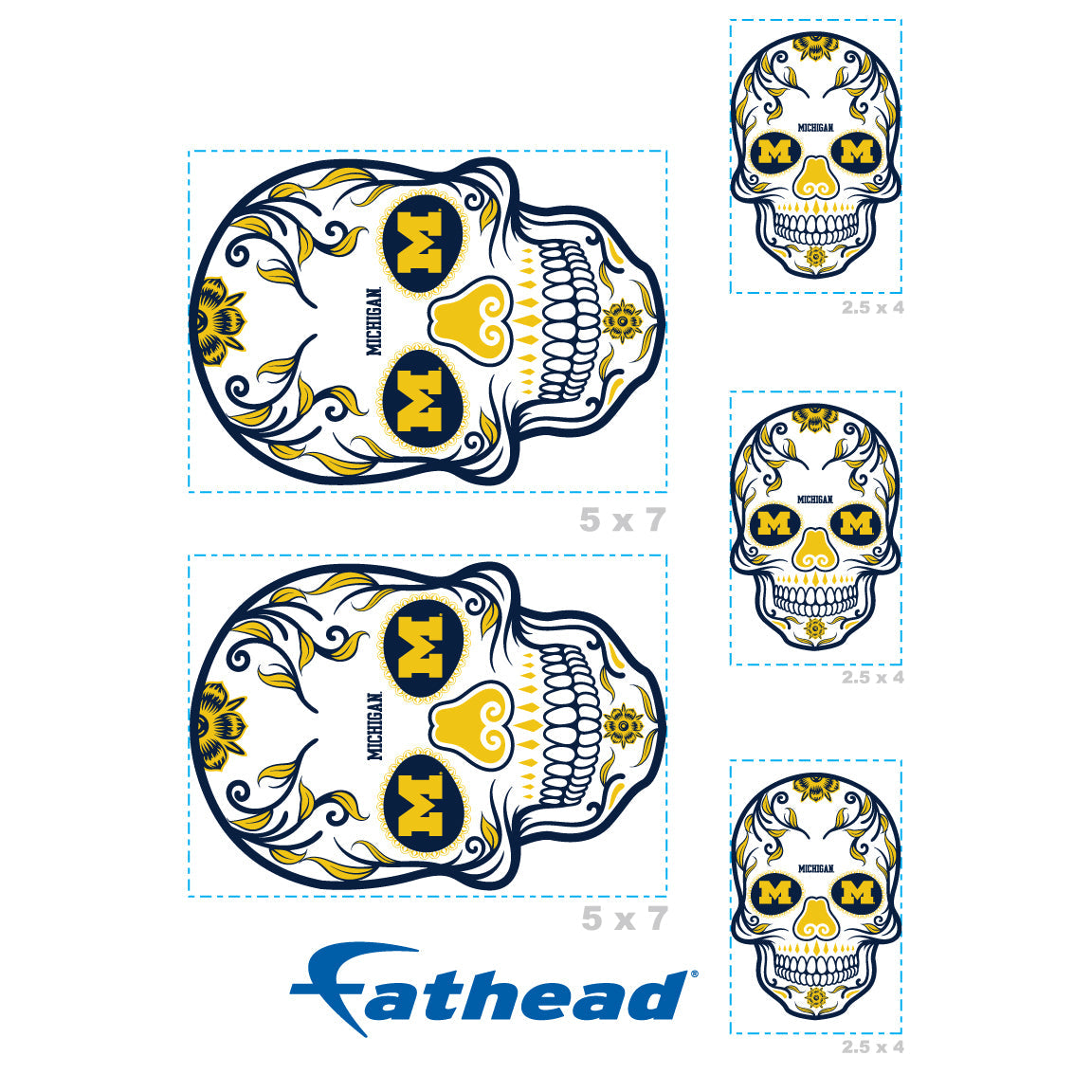 Michigan Wolverines - 5 Sugar Skull Logo Minis (Mixed Sizes) - Official NCAA - Reusable Vinyl Decals