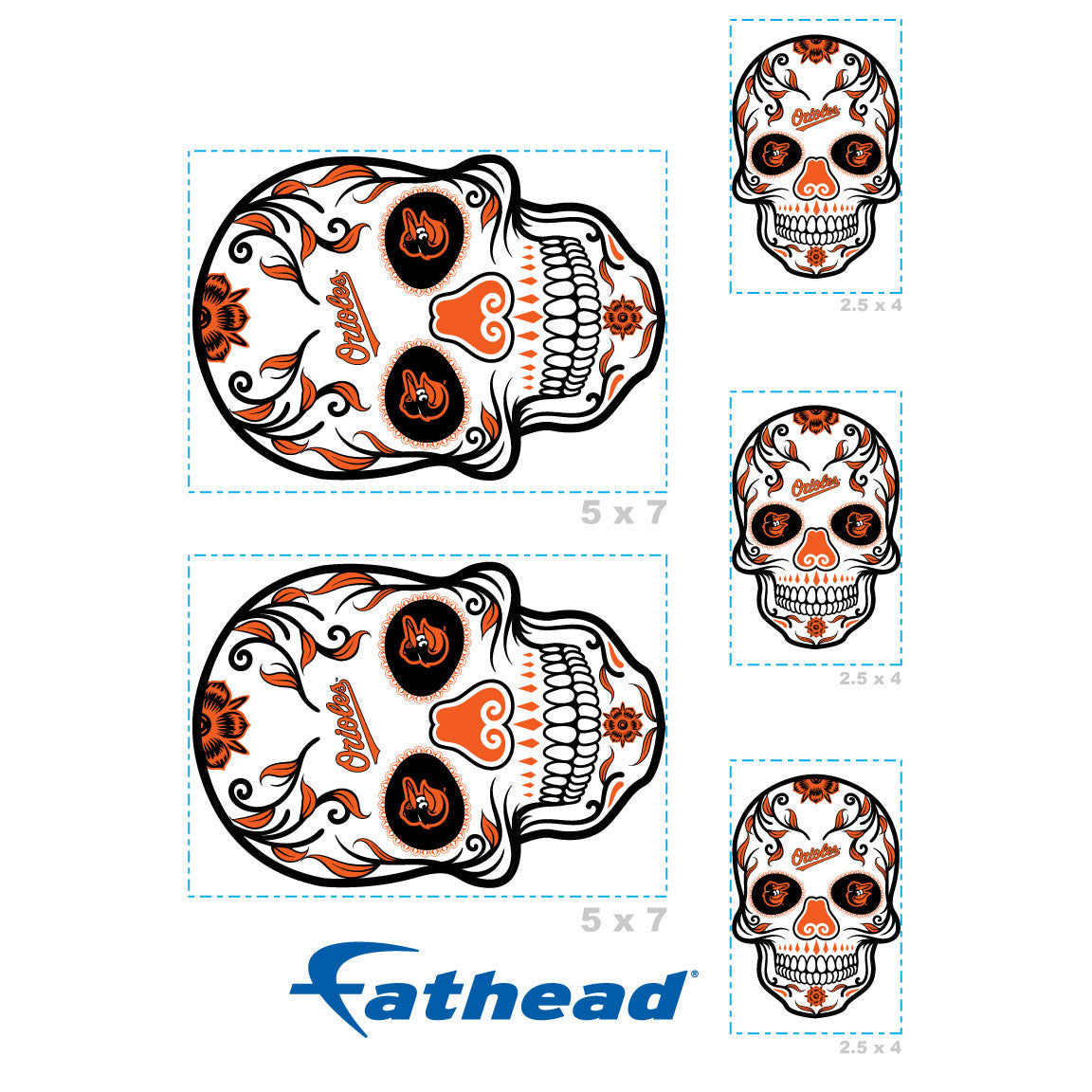 Baltimore Orioles - 5 Sugar Skull Logo Minis (Mixed Sizes) - Official MLB - Reusable Vinyl Decals