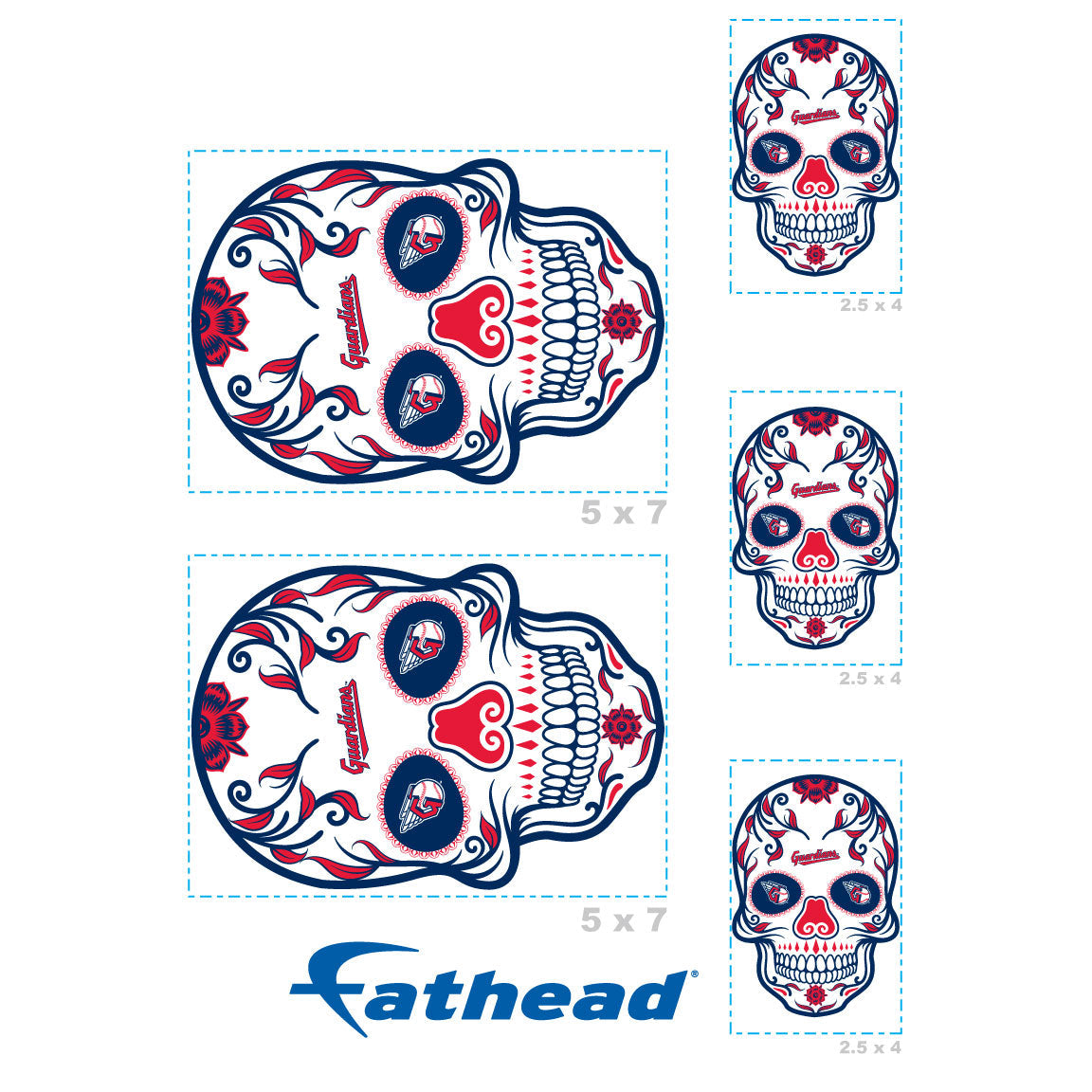 Cleveland Guardians - 5 Sugar Skull Logo Minis (Mixed Sizes) - Official MLB - Reusable Vinyl Decals