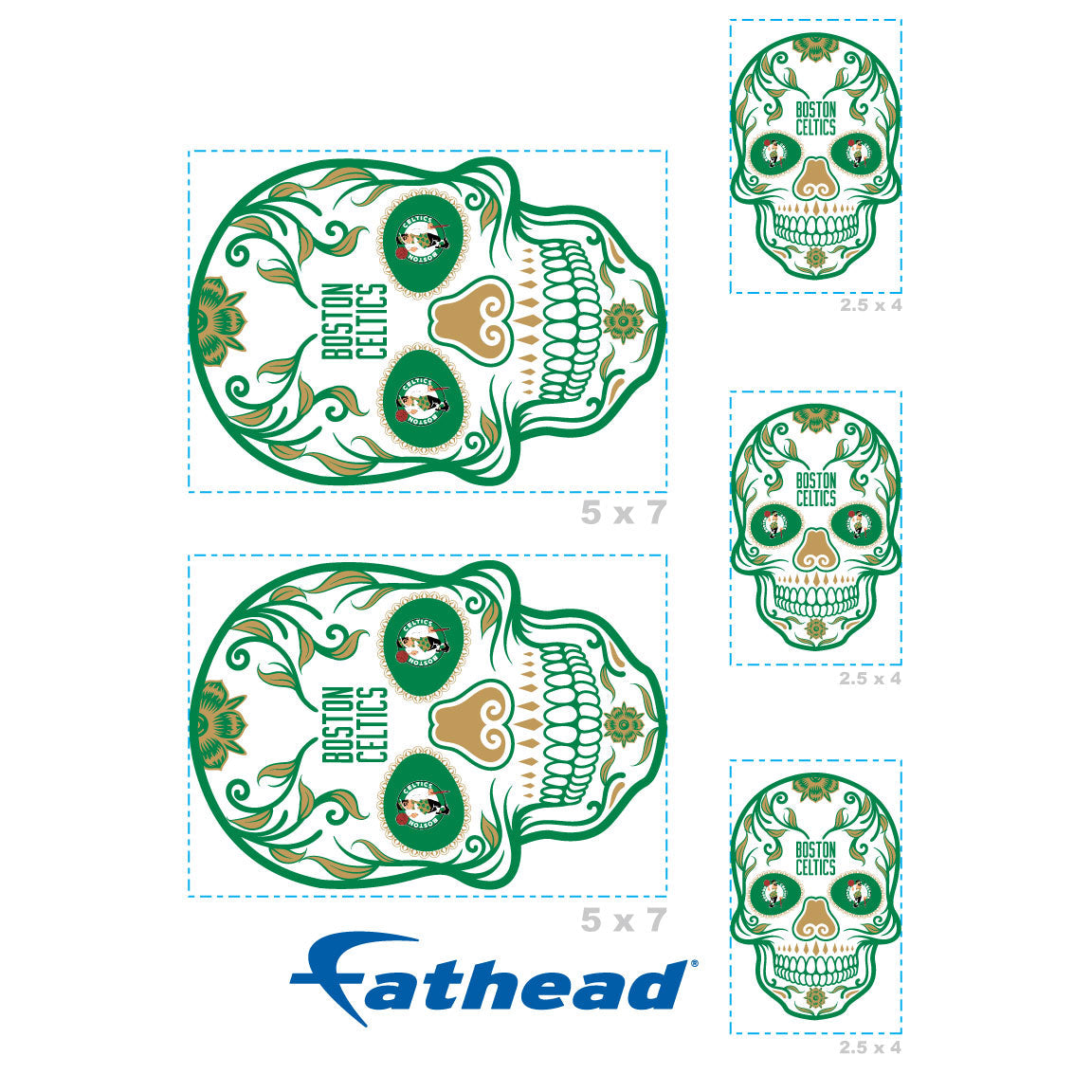 Boston Celtics - 5 Sugar Skull Logo Minis (Mixed Sizes) - Official NBA - Reusable Vinyl Decals