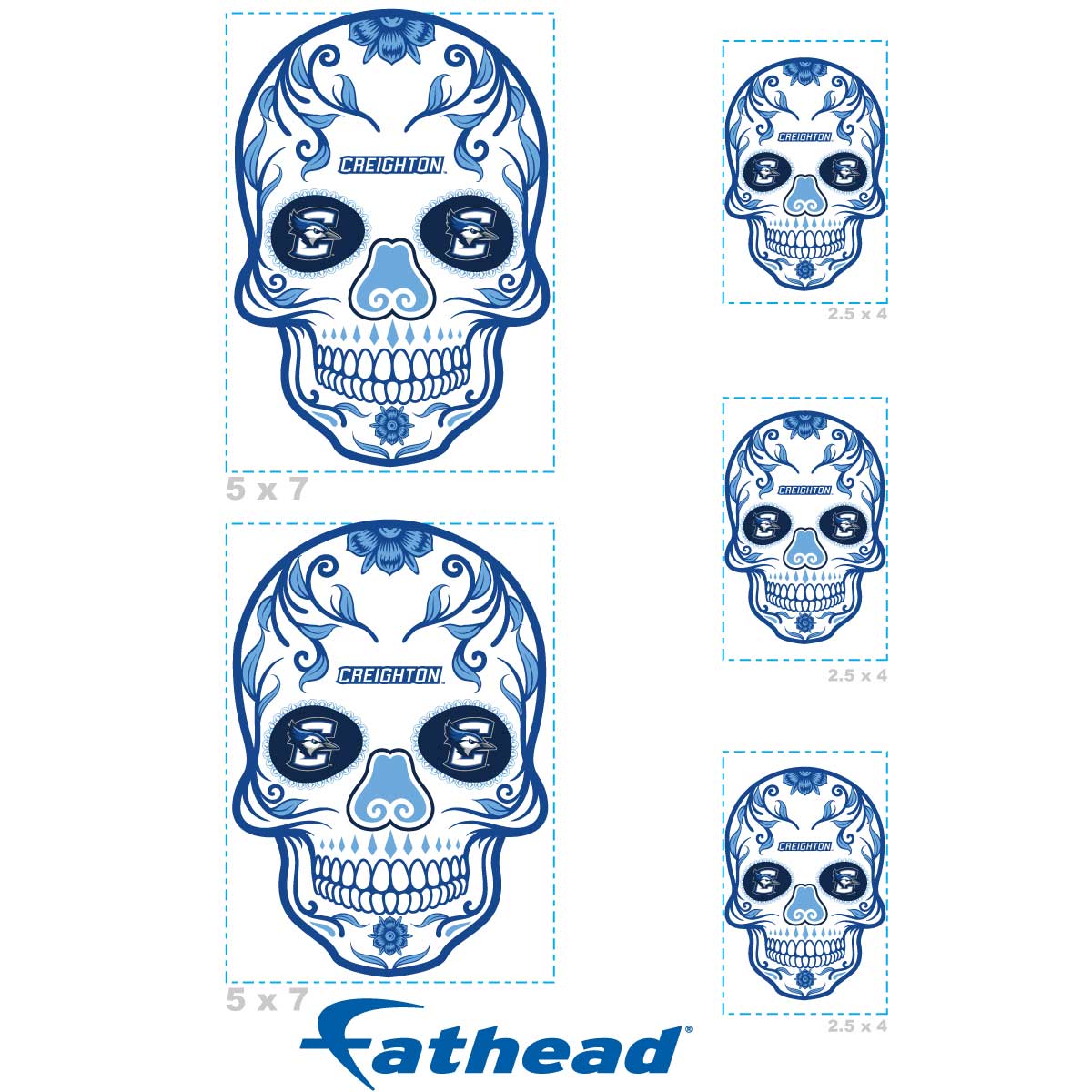 Creighton Bluejays - 5 Sugar Skull Logo Minis (Mixed Sizes) - Official NCAA - Reusable Vinyl Decals