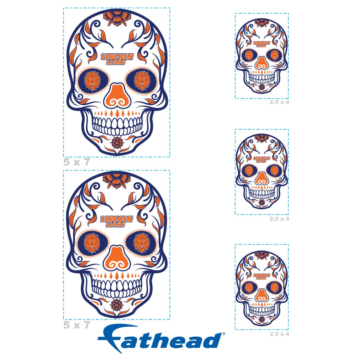 Lincoln Lions - 5 Sugar Skull Logo Minis (Mixed Sizes) - Official NCAA - Reusable Vinyl Decals