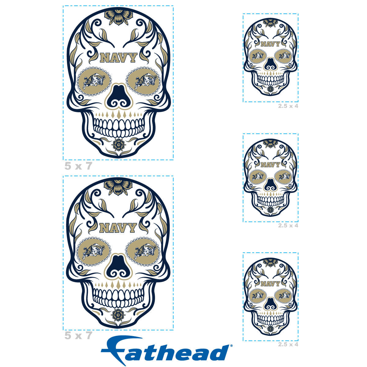 Navy Midshipmen - 5 Sugar Skull Logo Minis (Mixed Sizes) - Official NCAA - Reusable Vinyl Decals