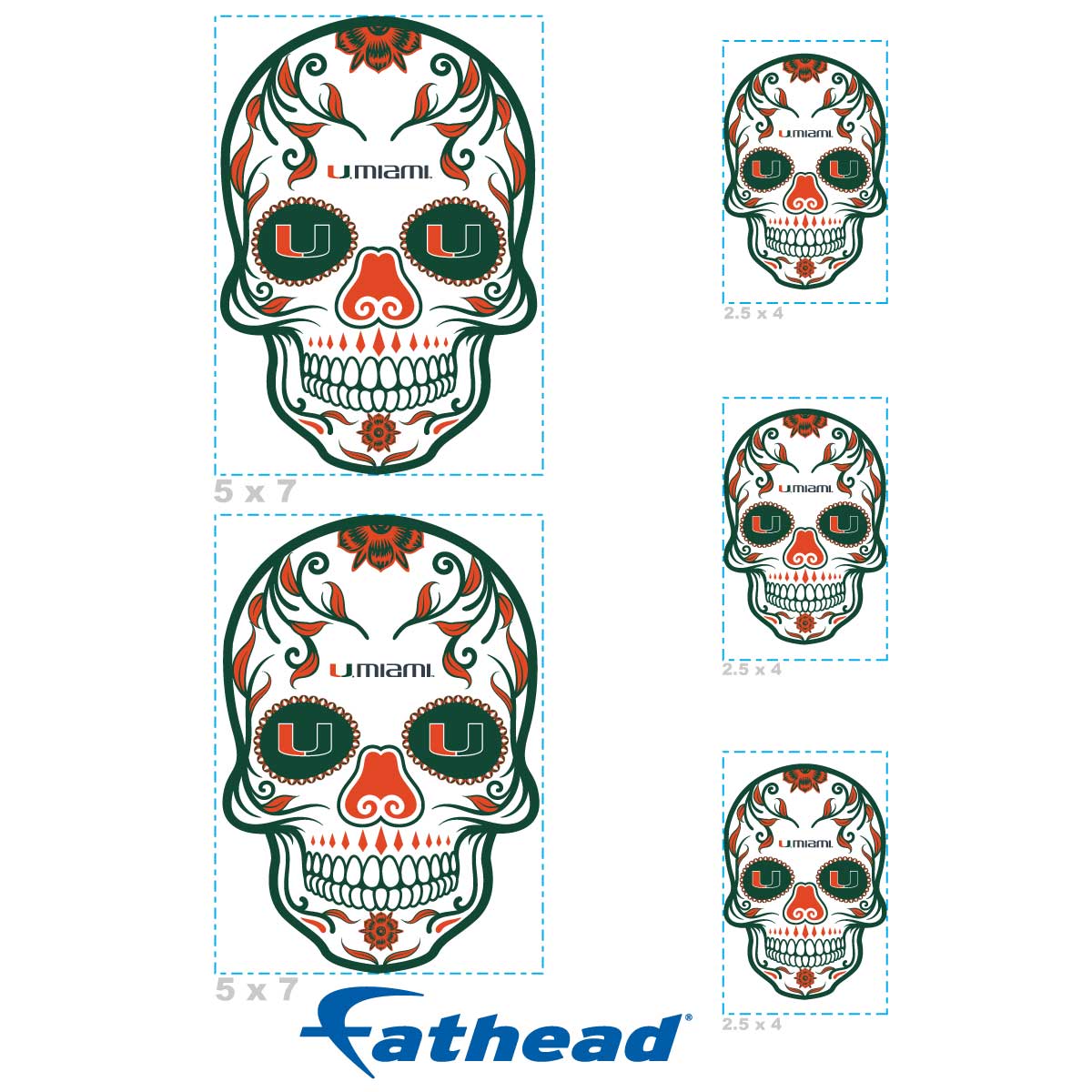Miami Hurricanes - 5 Sugar Skull Logo Minis (Mixed Sizes) - Official NCAA - Reusable Vinyl Decals