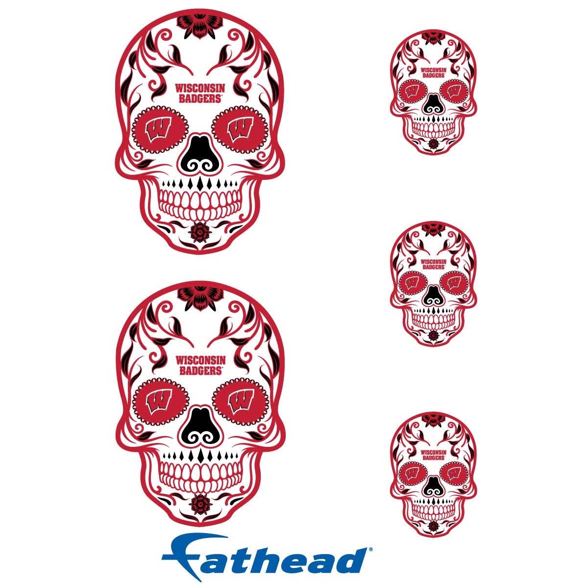 Wisconsin Badgers - 5 Sugar Skull Logo Minis (Mixed Sizes) - Official NCAA - Reusable Vinyl Decals