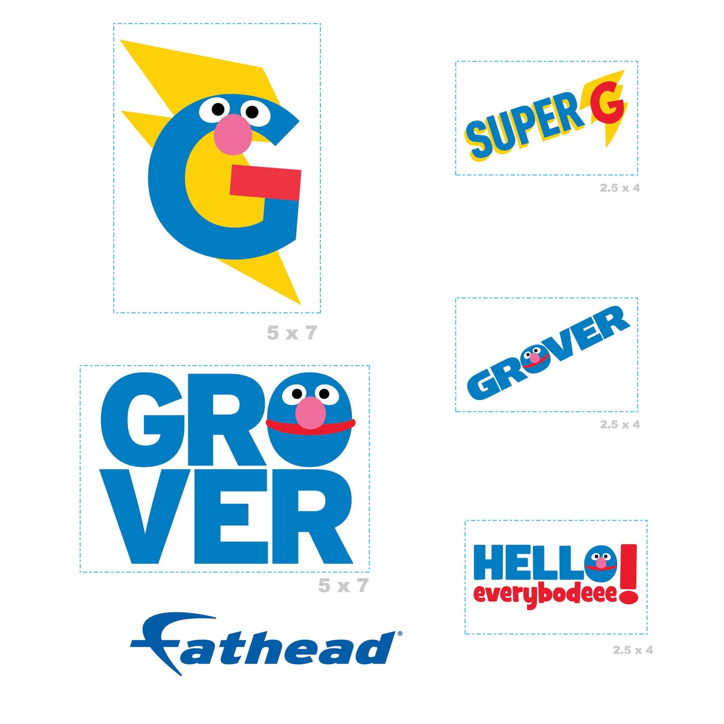 Grover - 5 Typography Minis (Mixed Sizes) - Official Sesame Street - Reusable Vinyl Decals