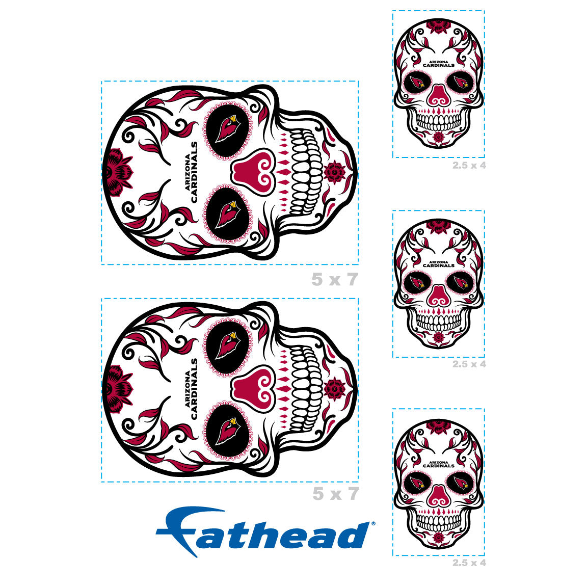Arizona Cardinals - 5 Sugar Skull Minis (Mixed Sizes) - Official NFL - Reusable Vinyl Decals