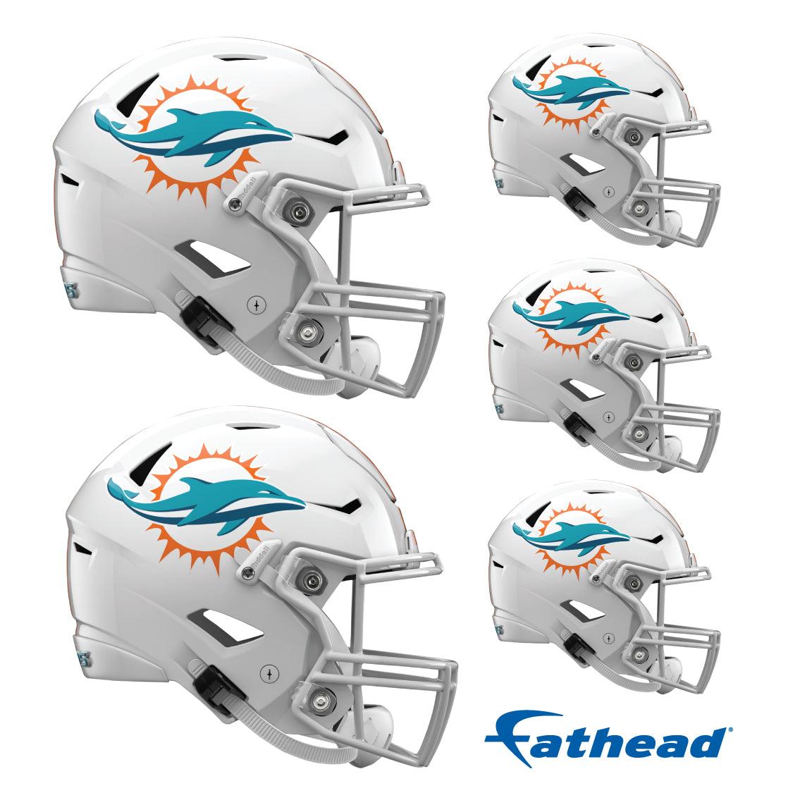 Miami Dolphins - 5 Helmet Minis (Mixed Sizes) - Official NFL - Reusable Vinyl Decals