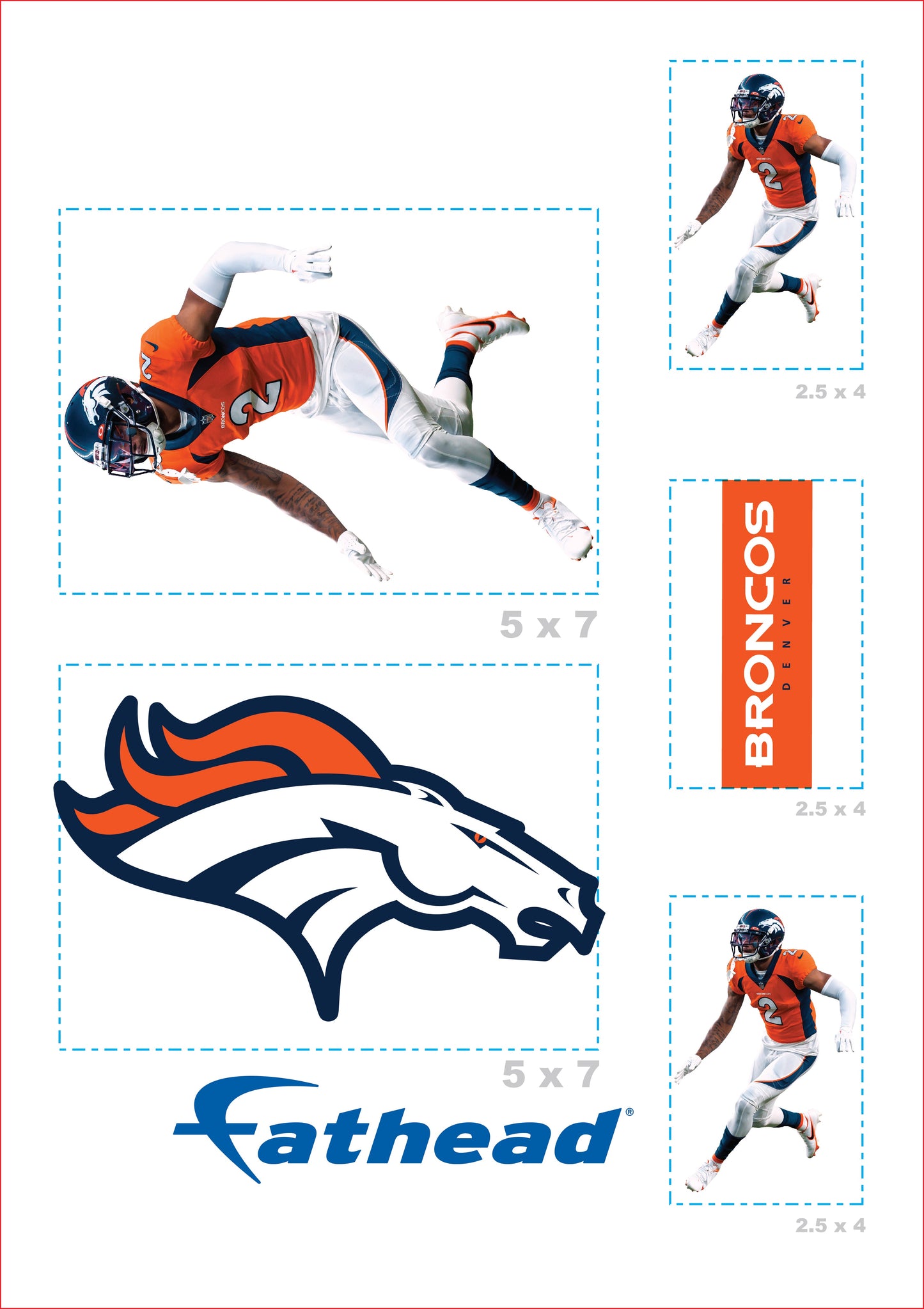 Pat Surtain II - 5 Minis (Mixed Sizes) - Official NFL - Denver Broncos - Reusable Vinyl Decals