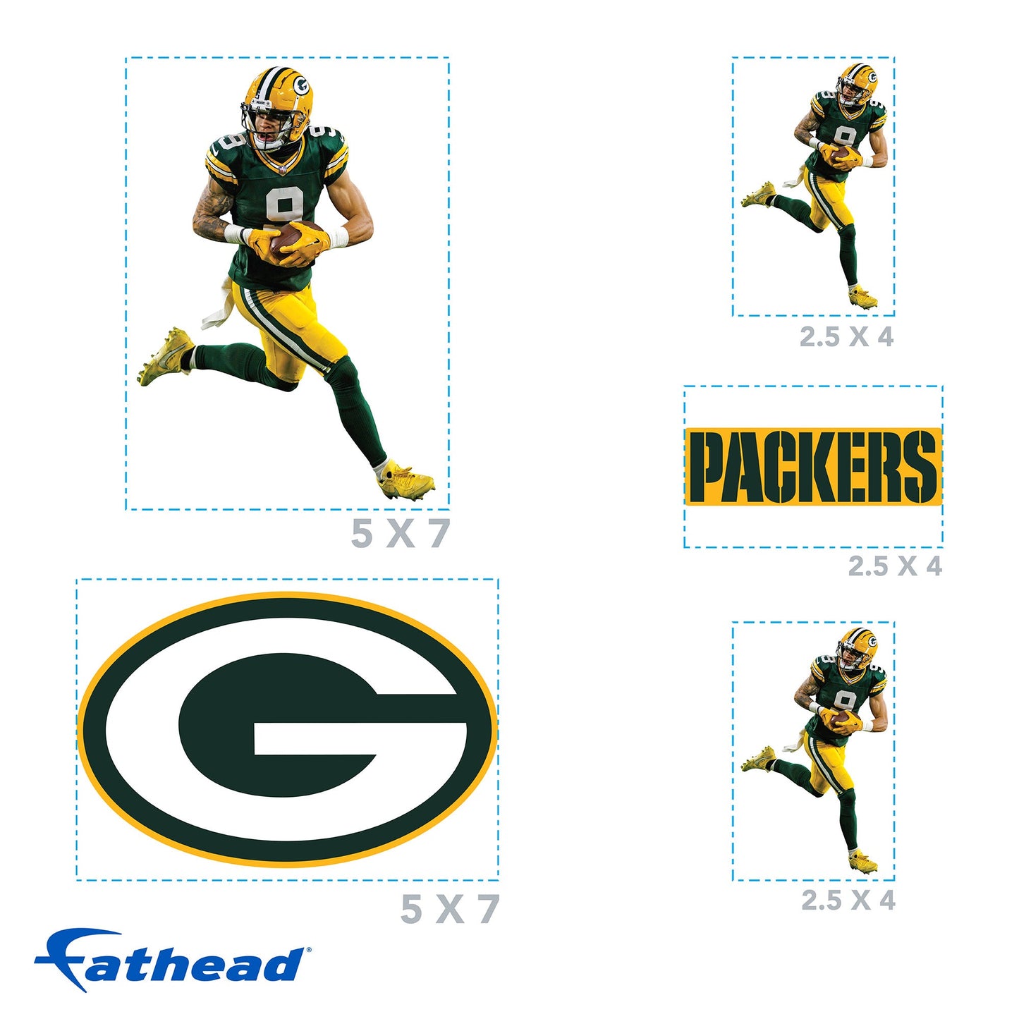 Christian Watson - 5 Minis (Mixed Sizes) - Official NFL - Green Bay Packers - Reusable Vinyl Decals