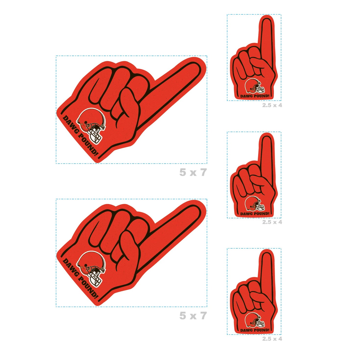Cleveland Browns - 4 Foam Finger Minis (Mixed Sizes) - Official NFL - Reusable Vinyl Decals